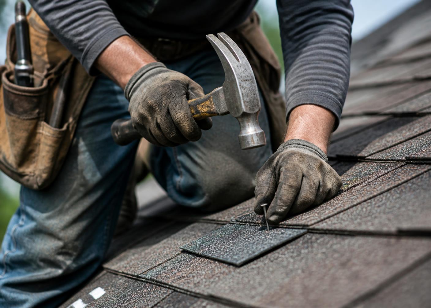Close-up of a roofer nailing new shingles into place