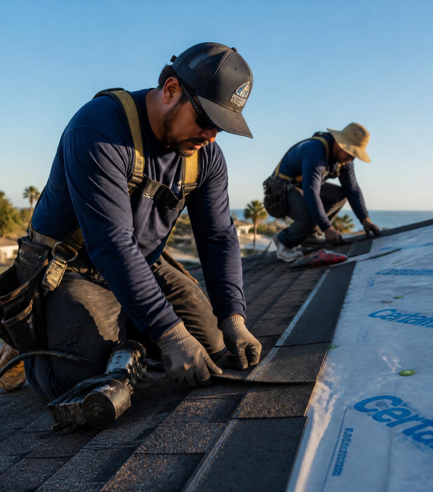 Roofing crew installing shingles on a residential roof